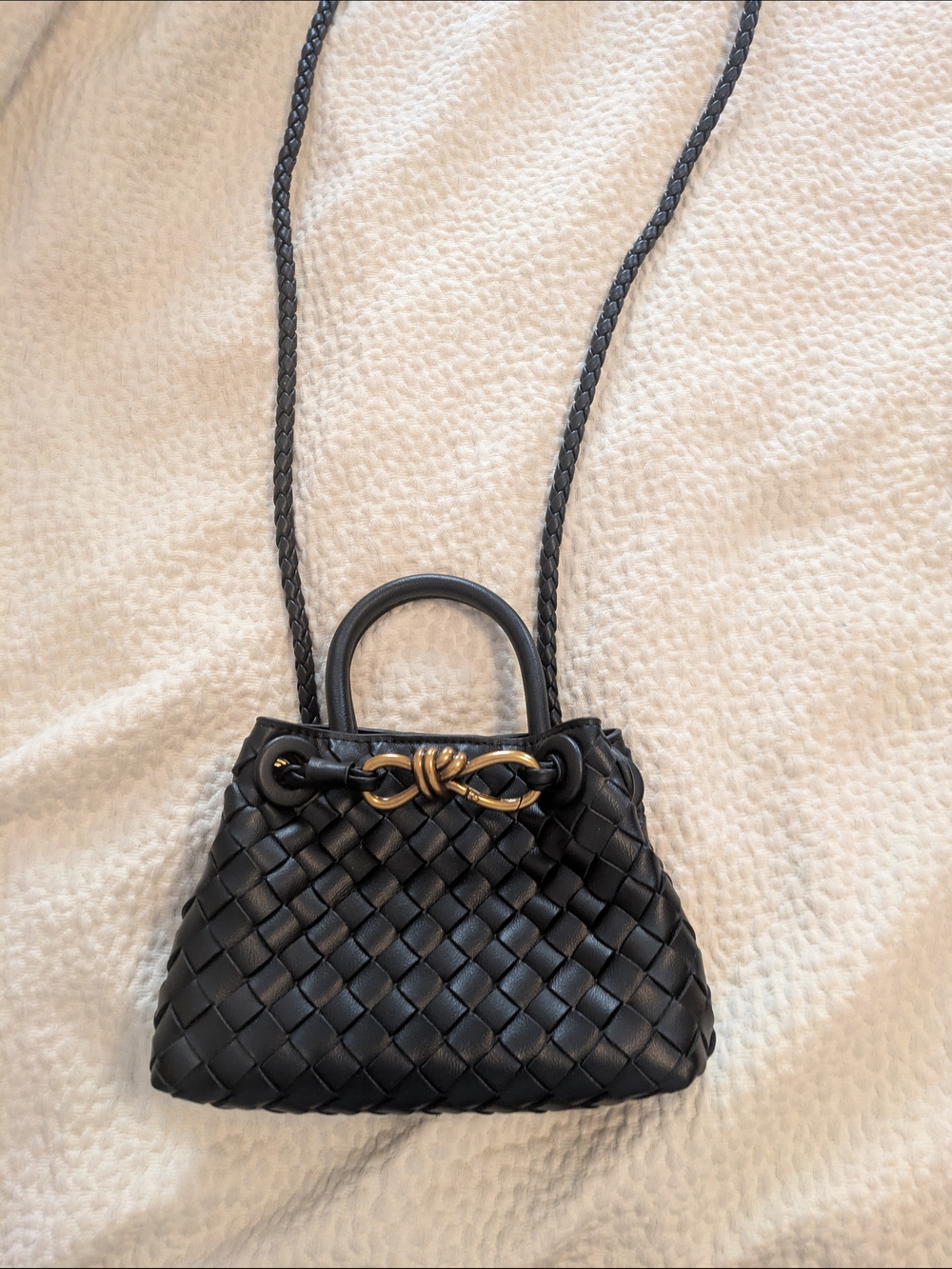 Woven Leather Micro / Mini Crossbody Bag with Gold Knot Accent - Black
